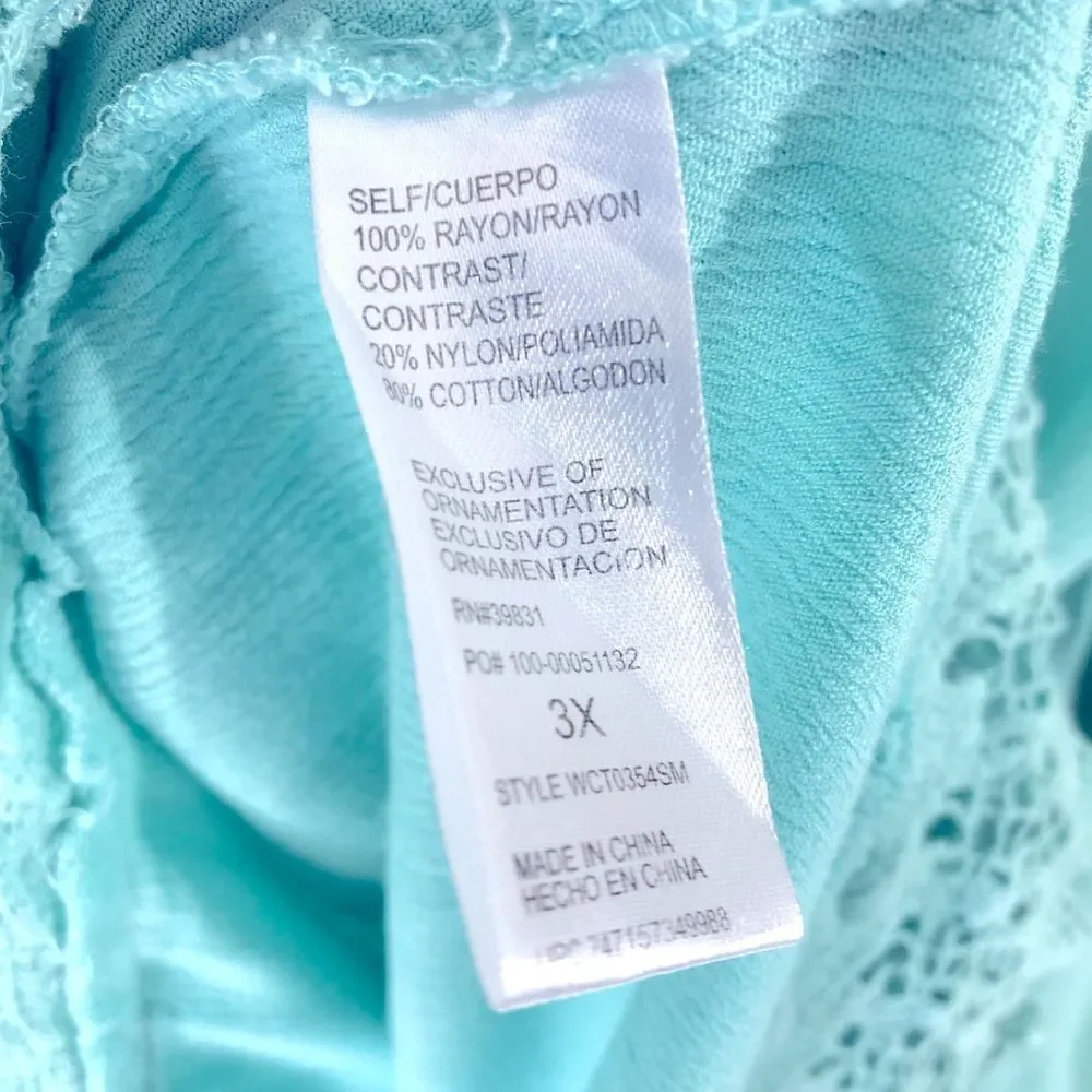 Democracy Womens Tunic Blouse Teal Top Lace 3/4 Sleeve Size 3X - Picture 10 of 16